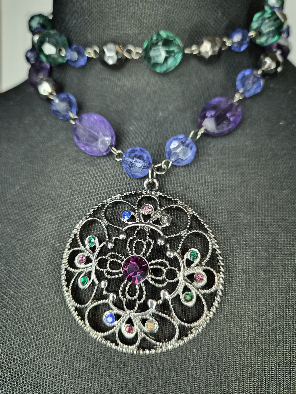 Vintage Boho Filigree Statement Necklace - Purple & Green Beaded Multi-Strand